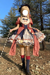 Robe Lolita douce à manches courtes multicolores avec imprimé multicouche, volants et nœud papillon